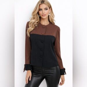DW3 David Warren Womens Colorblock Blouse Size 6 Button Front Tie Cuff Top
